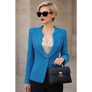 ST.JOHN Women's Stretch Knit Tweed Blue Jacket Sz 2 Preppy Career Old Money FLAW